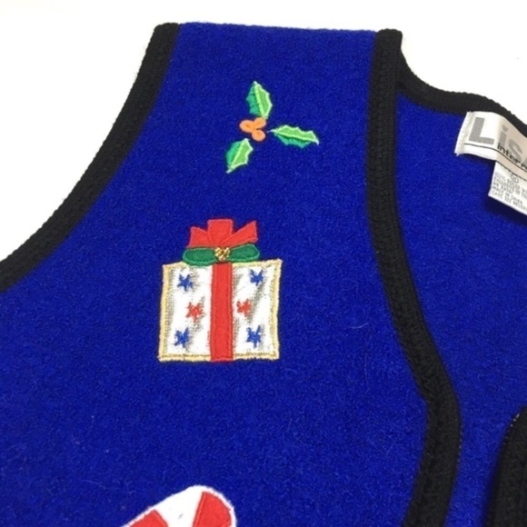 VINTAGE Christmas Vest 100% Boiled Wool Embroidered Zip Candy Canes Size Medium - Picture 4 of 9